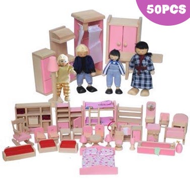 50 pcs Doll House Wooden Furniture Set w/ 4 Dolls50 pcs Doll House Wooden Furniture Set w/ 4 Dolls