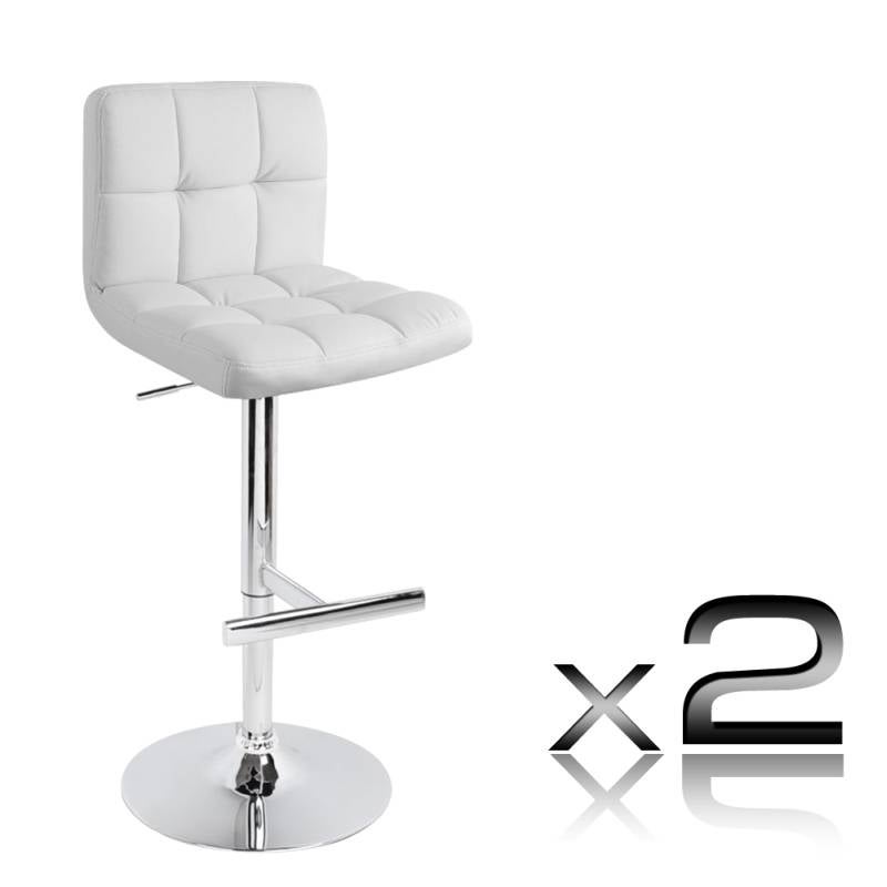 2x Grid PU Leather Gas Lift Bar Stools in White2x Grid PU Leather Gas Lift Bar Stools in White