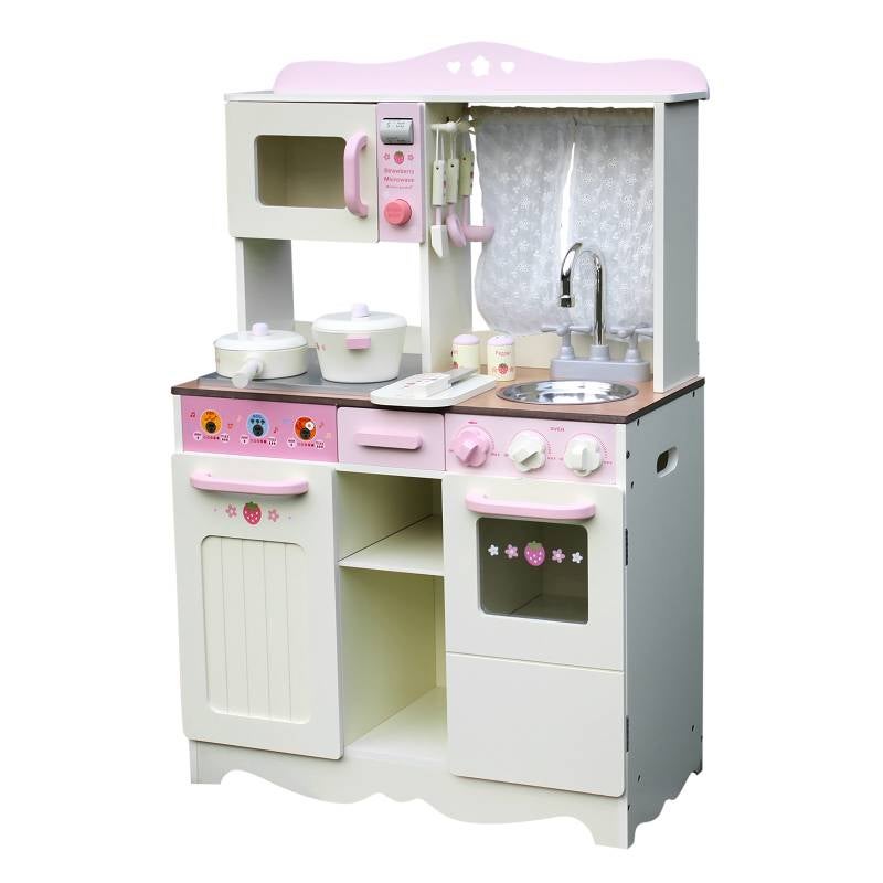 Kids Wooden Play Kitchen w Accessories White & PinkKids Wooden Play Kitchen w Accessories White & Pink