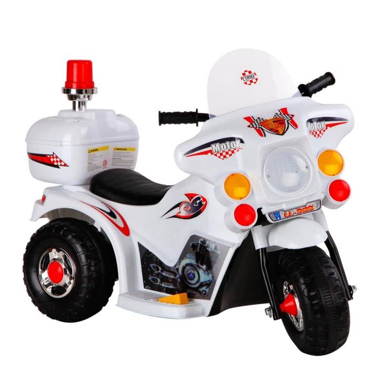 Kids White Ride On Motorbike w/ Triple Wheel DesignKids White Ride On Motorbike w/ Triple Wheel Design
