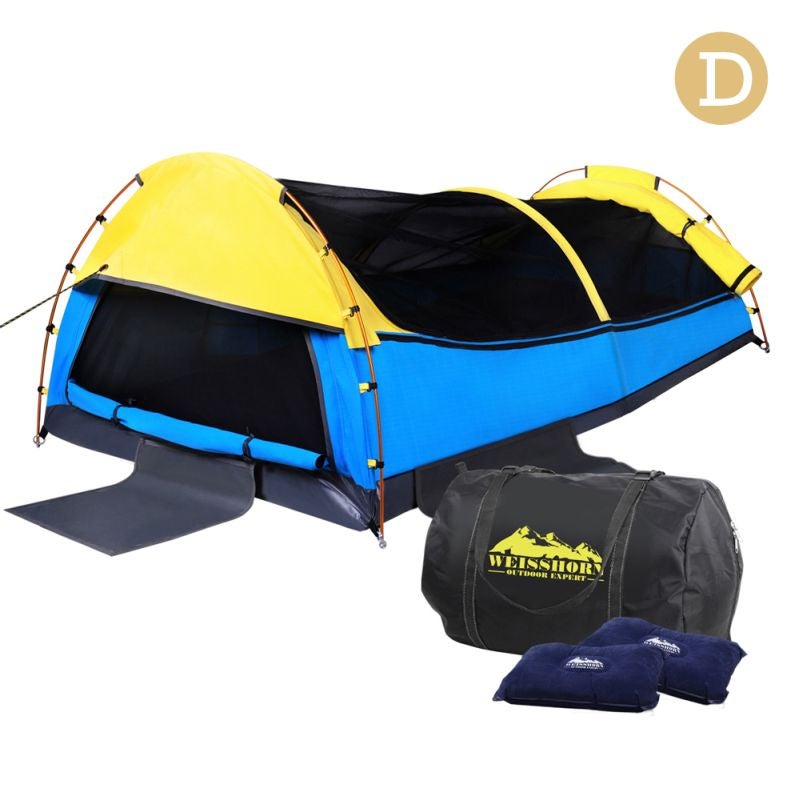 Double Canvas Camping Swags with Bag  Yellow & BlueDouble Canvas Camping Swags with Bag  Yellow & Blue