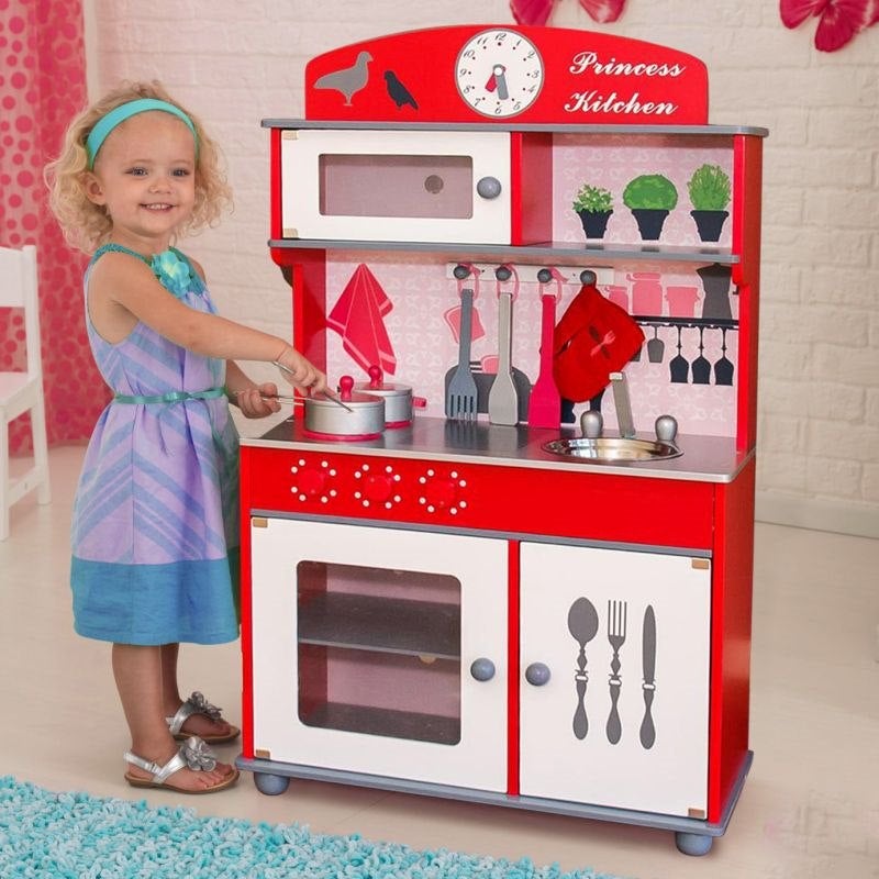 Kids Princess Pretend Toy Wooden Play Kitchen RedKids Princess Pretend Toy Wooden Play Kitchen Red