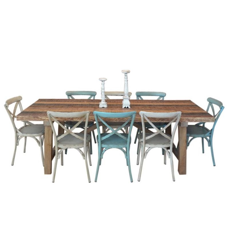 2.36m Industrial Dining Table + 8 Cross Back Chairs2.36m Industrial Dining Table + 8 Cross Back Chairs