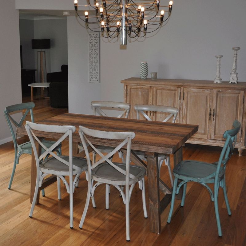 1.5m Industrial Dining Table w/ 6 Cross Back Chairs1.5m Industrial Dining Table w/ 6 Cross Back Chairs