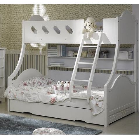 Kids Trio Bunk Bed w Trundle Bed & Shelves in WhiteKids Trio Bunk Bed w Trundle Bed & Shelves in White