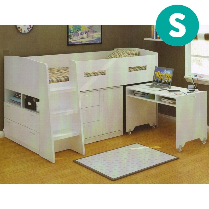 Kids Single Loft Bed with Desk and Storage in WhiteKids Single Loft Bed with Desk and Storage in White