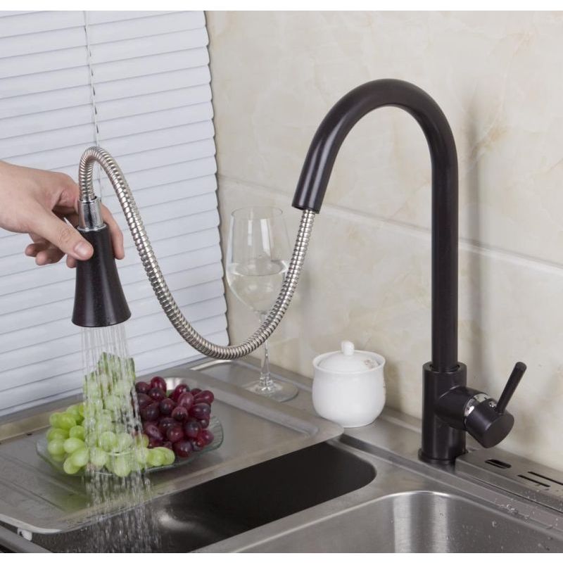 Pull Out Gooseneck Sink Mixer Tap in Matte Black | Buy Black Kitchen Taps